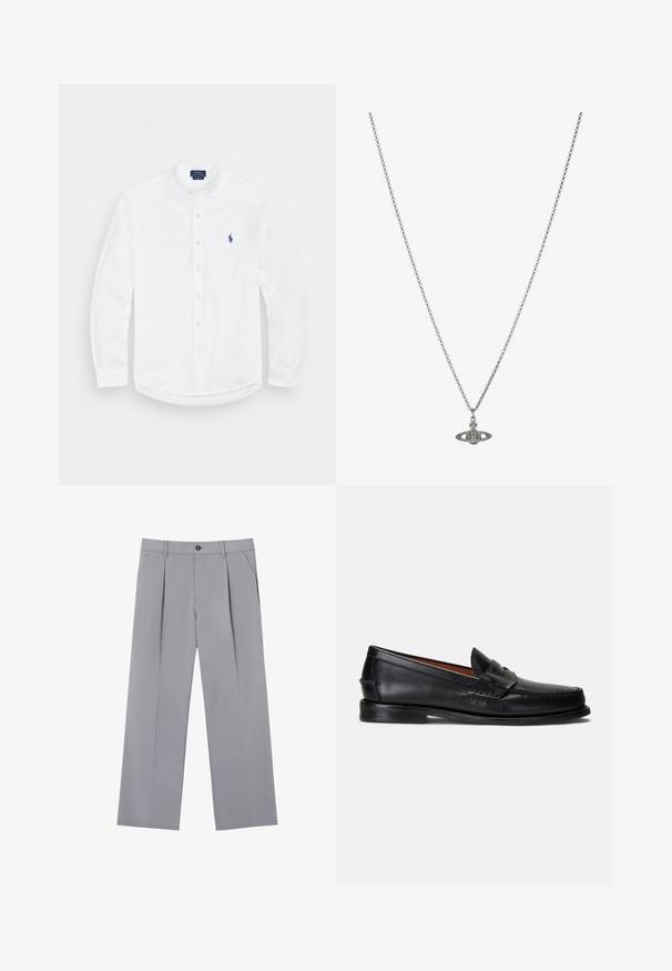 Witte lange mouwen shirt met een bandkraag, knoopsluiting aan de voorkant en een blauw logo aan de linkerkant. Gemaakt van soepel katoen.; Grijze geplooide broeken met een ontspannen pasvorm, gemaakt van een lichte stof. Voorzien van voorzakken en een knoopsluiting in de taille.; Zwarte leren loafers met een gladde afwerking, een afgeronde neus en een decoratief bandje over de wreef. Voorzien van een lage zwarte zool.; Zilveren ketting met een gedetailleerde hanger in de vorm van een planeet, versierd met kleine accenten en verfijnde patronen.