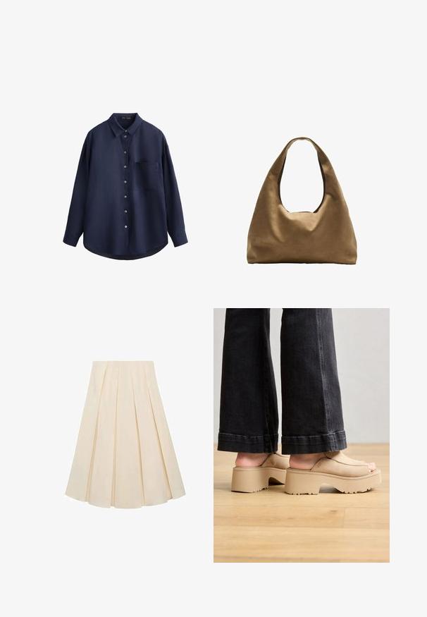 Námornícky modrá dlhá košeľa s dlhým rukávom vyrobená z textúrovanej látky, s gombíkovou légou, vreckom na hrudi a zakriveným lemom.; Plisovaná sukňa z krémovej tkaniny; má mäkkú textúru, stredne dlhý strih a symetrické plisovanie, ktoré sa tiahne od pásu po lem.; Béžové platformové sandále s hladkým semišovým zvrškom, otvorenou špičkou, hrubou podrážkou a jemným brandingom, kombinované s tmavými rozšírenými džínsami.; Hnedá látková taška cez rameno s širokým, zaobleným telom a veľkým vyrezaným uchom. Mäkčená textúra, minimalistický dizajn a bez viditeľného kovania.