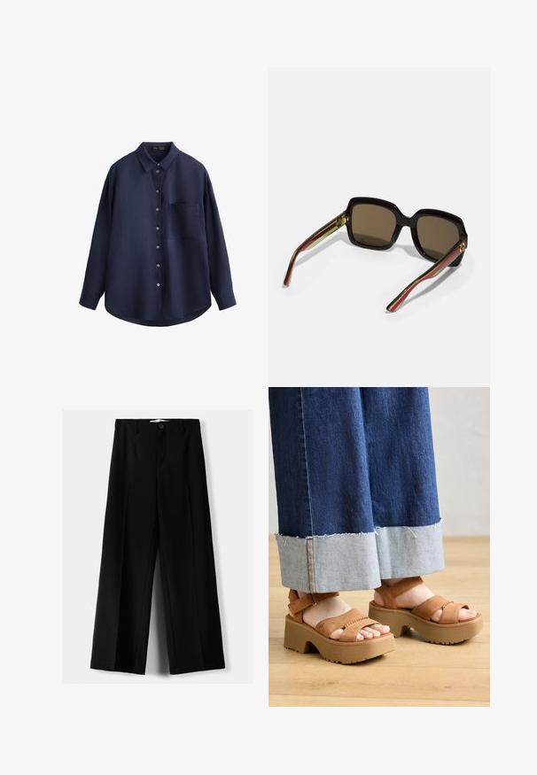 T-paita pitkillä hihoilla tummansinisestä teksturoidusta kankaasta, jossa on nappilistallinen etuosa, rintatasku ja kaareva helma.; Mustat leveälahkeiset housut, jotka on valmistettu kevyestä kankaasta. Housuissa on etunappikiinnitys ja tasainen etuosa, sekä huolellisesti ommellut helmat.; Ruske suède platform sandale s dvostrukim trakama, s teksturiranom potplatom i debelim, oblikovanim petama. Nosive uz traperice.; Mustat ylikokoiset aurinkolasit ruskeilla linsseillä. Varusteena ainutlaatuiset raidalliset sangan osat vihreinä ja punaisina sekä kultaiset metallivälineet. Neliön muotoinen.