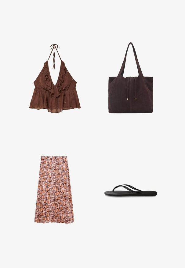 Bruine, mouwloze haltertop met een diepe V-hals, gerimpelde afwerking en versierde bloemmotieven. Gemaakt van lichte stof met een uitlopende stijl.; Midi-jurk van lichtgewicht stof met een gedurfde abstracte print in oranje, bruin en roze, met een gladde textuur en een vloeiende silhoeet.; Zwarte flip-flop met een gestructureerde rubberen zool, twee slanke banden en een subtiele, ingedrukte logo-detail op de band.; Mango Shopper - dark brown