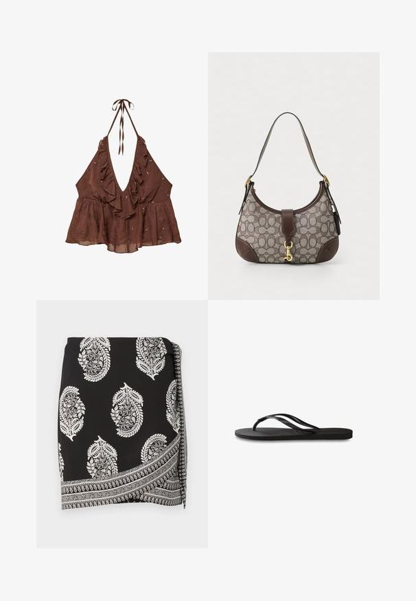 Brun, ärmlös halterneck-top med djup V-ringning, volangkanter och utsmyckade blommönster. Tillverkad av lätt tyg med en utsvängd design.; Svart omslagsskjorta med vita paisleymönster och en detaljerad kantdesign. Tillverkad av lättviktsmaterial med en slät yta.; Svart flip-flop med en texturerad gummisula, två slanka remmar och en subtil, präglad logodetalj på remmen.; COACH HAMPTONS HOBO BAG IN SIGNATURE JACQUARD - Handväska - oak maple
