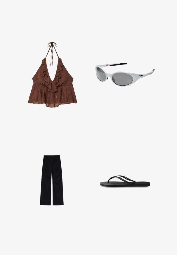Brun, ärmlös halterneck-top med djup V-ringning, volangkanter och utsmyckade blommönster. Tillverkad av lätt tyg med en utsvängd design.; Svarta vida cargobyxor i hållbart tyg med två stora sidofickor, knäppning med knapp och rak, avslappnad passform.; Svart flip-flop med en texturerad gummisula, två slanka remmar och en subtil, präglad logodetalj på remmen.; Vita plastsolglasögon med stora ovala linser, gråtonade. Har svarta örongrepp och en liten logotyp på ramen. Slät yta.
