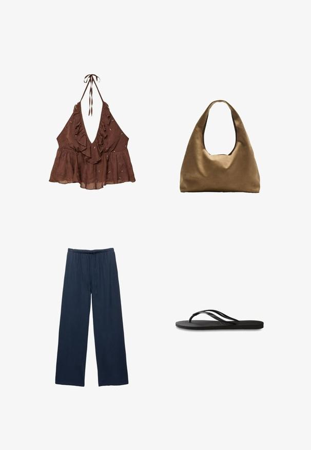Brun, ärmlös halterneck-top med djup V-ringning, volangkanter och utsmyckade blommönster. Tillverkad av lätt tyg med en utsvängd design.; Marina vida byxor med vida ben, tillverkade av mjukt tyg, med ett elastiskt midjeband och dragsko för justerbar passform.; Svart flip-flop med en texturerad gummisula, två slanka remmar och en subtil, präglad logodetalj på remmen.; Brun tygaxelväska med en bred, rundad kropp och ett stort utskärningshandtag. Mjukt material, minimalistisk design och ingen synlig hårdvara.