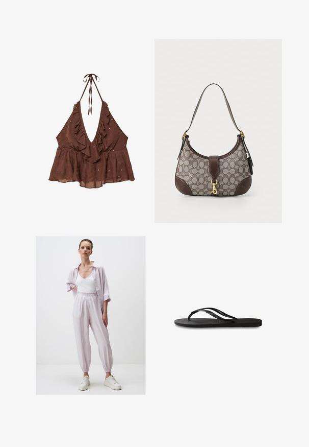 Brązowy, bezrękawnikowy top halter z głębokim dekoltem w kształcie V, falbanistym wykończeniem i ozdobnymi wzorami kwiatowymi. Wykonany z lekkiego materiału o rozszerzającym się fasonie.; Jasnofioletowe, luźne dresy z elastycznym pasem, w połączeniu z białą koszulką na ramiączkach i koszulą z krótkim rękawem zapinaną na guziki. Białe trampki.; Czarne klapki z teksturowaną gumową podeszwą, dwiema smukłymi paskami oraz subtelnym, wytłoczonym logo na pasku.; COACH - Torebka