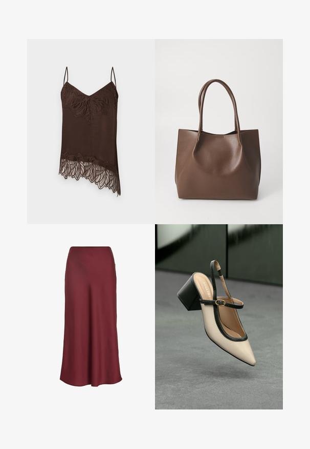 Camisole marron à fines bretelles, avec un bord en dentelle au niveau du décolleté et de l'ourlet. La dentelle présente un motif floral pour plus de détails.; Jupe maxi en satin bordeaux avec une texture lisse et un design A-line simple, dotée d'une taille droite et sans embellissements visibles.; Escarpin beige à bout pointu et bride arrière, avec des finitions noires, une boucle dorée et un talon bloc épais, posé sur un sol gris avec un fond vert foncé.; Sac en cuir marron avec deux longues poignées, forme structurée, texture lisse et design minimaliste. Aucun matériel ni accent visible.
