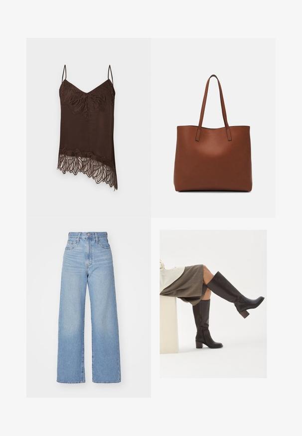 Rudos spalvos palaidinė su plonomis petnešėlėmis, puošta nėrinių apvadu ties iškirpte ir apatine kraštine. Nėriniai turi gėlių raštą, suteikiantį papildomų detalių.; Šviesiai mėlynos aukšto liemens plačios kojos džinsai su priekiniais užtrauktukais ir sagom, priekinėmis ir galinėmis kišenėmis, ant baltos fono.; Rudi odiniai kanyo ilgio batai su kvadratiniu pirštu, storu kulnu ir šoniniu užtrauktuku. Lygus paviršius su blizgiu apdaila.; Ruda odinė priekabų krepšys su glotnia tekstūra, atviru viršumi ir dviem petnešomis. Su minimalia siuvimo detalėmis ir nematoma aparatūra.