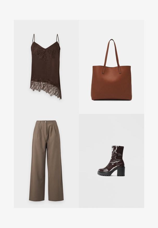 Camisola castanha com alças finas, com acabamento em renda no decote e na bainha. A renda apresenta um padrão floral para um detalhe adicional.; Calças de perna larga numa tonalidade castanha suave, com uma cintura alta, pregas frontais e um fecho de botão único. Textura suave e design ajustado.; Bota de tornozelo burgundy brilhante com um salto preto robusto, apresentando uma textura suave e um design simples. Sem fechos ou padrões visíveis.; Bolsa tote de couro castanho com uma textura suave, design de abertura superior e duas alças para o ombro. Apresenta costura mínima e sem hardware visível.