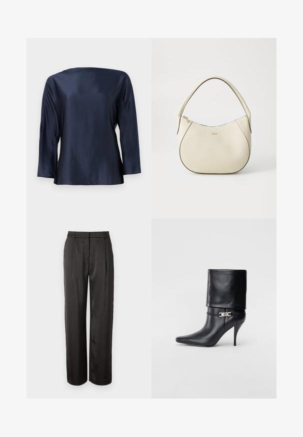 Top satinat de culoare bleumarin, cu decolteu larg și mâneci trei sferturi. Textură netedă cu o croială lejeră, tip boxy. Fără modele sau accente vizibile.; Pantaloni negri, cu talie înaltă, realizați dintr-un material neted. Prezintă o croială dreaptă, două plissuri frontale și bucle pentru curea.; Botine negre din piele, cu vârf ascuțit, toc înalt și subțire, cu manșetă pliată și un detaliu decorativ cu cataramă aurie la gleznă.; Geantă de mână de culoare crem, cu un finisaj texturat, formă curbată, mânere scurte și detalii cu logo auriu. Închidere cu fermoar în partea de sus.