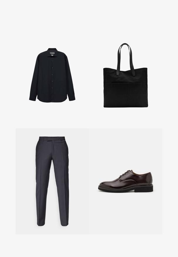 Cămașă neagră cu mâneci lungi dintr-un material neted. Are un guler și un sistem de închidere cu nasturi în față, oferind o croială lejeră cu un tiv rotund.; Pantaloni de culoare gri închis, croiți cu un design pe picior drept. Prezintă o textură netedă și plisse frontale. Fără branding sau decorațiuni vizibile.; Pantof brown din piele Oxford, cu un finisaj lucios, vârf rotund, design cu șireturi și o talpă groasă din cauciuc negru. Detaliu cusut pe partea superioară.; Geantă tote neagră, cu două mânere lungi, realizată dintr-un material textil neted. Prezintă un buzunar frontal și un design minimalist. Fără elemente hardware vizibile sau modele.