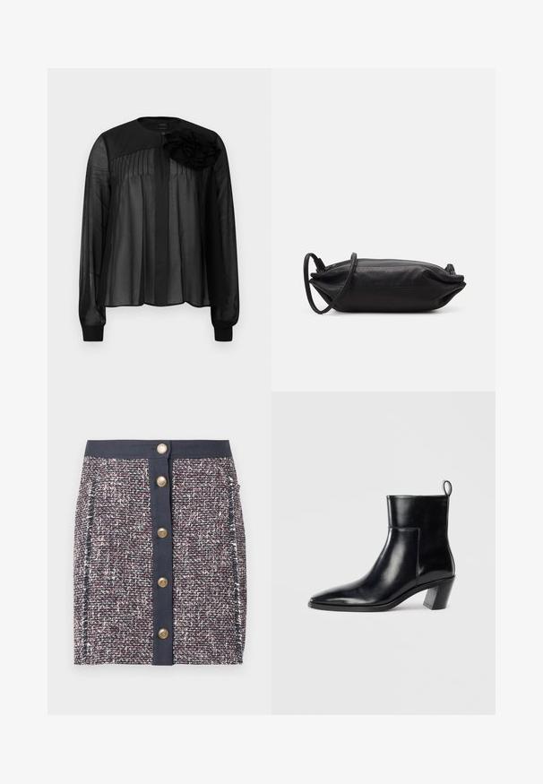 Blouse noire à manches longues en voile transparent, ornée de plis à l'avant et d'une fleur en tissu superposée sur l'épaule gauche. Fermeture à boutons au niveau du cou.; Jupe en tweed tissé bleu marine, rouge et blanc. Elle présente une large ceinture, une fermeture à boutons à l'avant et des poches latérales. Tissu texturé avec des motifs subtils.; Bottine en cuir noir avec un bout pointu, un talon empilé géométrique et une languette à l'arrière. Texture lisse et design épuré.; Pochette en cuir noir de forme rectangulaire, texture lisse, fine bandoulière et design minimaliste.