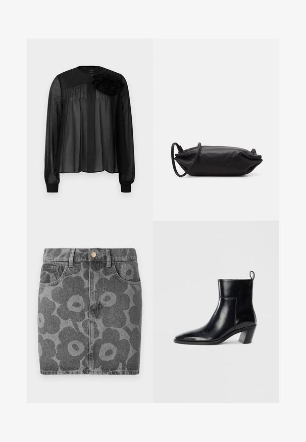 Blusa preta com mangas longas transparentes, apresentando pregas frontais e um detalhe de flor em tecido em camadas no ombro esquerdo. Fecho por botão no pescoço.; Saia de ganga em cinza com um padrão floral preto. Apresenta dois bolsos frontais, um fecho de botão e um corte reto.; Botim de cano baixo em couro preto com bico pontiagudo, um salto geométrico empilhado e uma alça na parte de trás. Textura suave e design elegante.; Carteira de mão em couro preto com formato retangular, textura suave, alça de ombro fina e design minimalista.