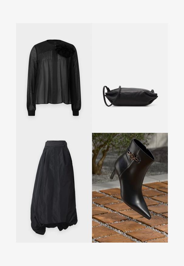 Fekete blúz hosszú áttetsző ujjakkal, elöl pliszírozással és egy réteges szövetvirág díszítéssel a bal vállon. Gombos zárás a nyaknál.; Fekete, magas derekú szoknya könnyű anyagból. Ráncolt kialakítással, légies formával és fodros szegéllyel rendelkezik.; Fekete bőr bokacsizma hegyes orral és kis sarkával. Aranylánc díszítéssel a bokán. Texturált kőfelületen körülvéve.; Fekete bőrtáska, téglalap alakú, sima textúrájú, vékony vállpánttal és minimalista dizájnnal.