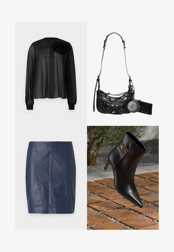 Bluză neagră cu mâneci lungi din material transparent, având pliseuri în față și un accent floral compus din straturi de țesătură pe umărul stâng. Închidere cu nasture la gât.; Fustă mini din piele bleumarin cu textură netedă, croială dreaptă și detalii minime de cusături pe părți.; Botine negre din piele, cu vârf ascuțit și tocul mic. Prezintă un accent din lanț auriu la gleznă. Încadrate de o suprafață texturată din piatră.; Geantă din piele sintetică neagră, cu un design curbat, buzunar frontal cu fermoar și accesorii decorative, având un portmoneu rotund detașabil.