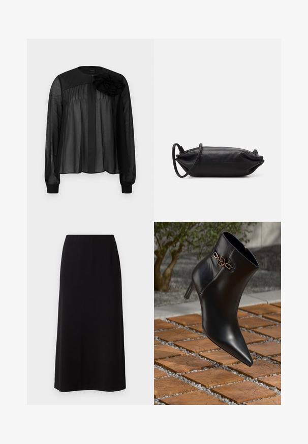 Zwarte blouse met lange doorschijnende mouwen, voorzien van voorplooien en een gelaagde stoffen bloemaccent op de linkerschouder. Knopenluiting bij de hals.; Zwarte maxi rok met een gladde, zachte textuur en een elastische tailleband. Eenvoudige, rechte snit zonder zichtbare patronen of versieringen.; Zwarte leren enkellaars met spitse neus en een kleine hak. Bevat een gouden kettingaccent bij de enkel. Omringd door een gestructureerd stenen oppervlak.; Zwarte leren clutch met een rechthoekige vorm, gladde textuur, dunne schouderband en minimalistisch ontwerp.