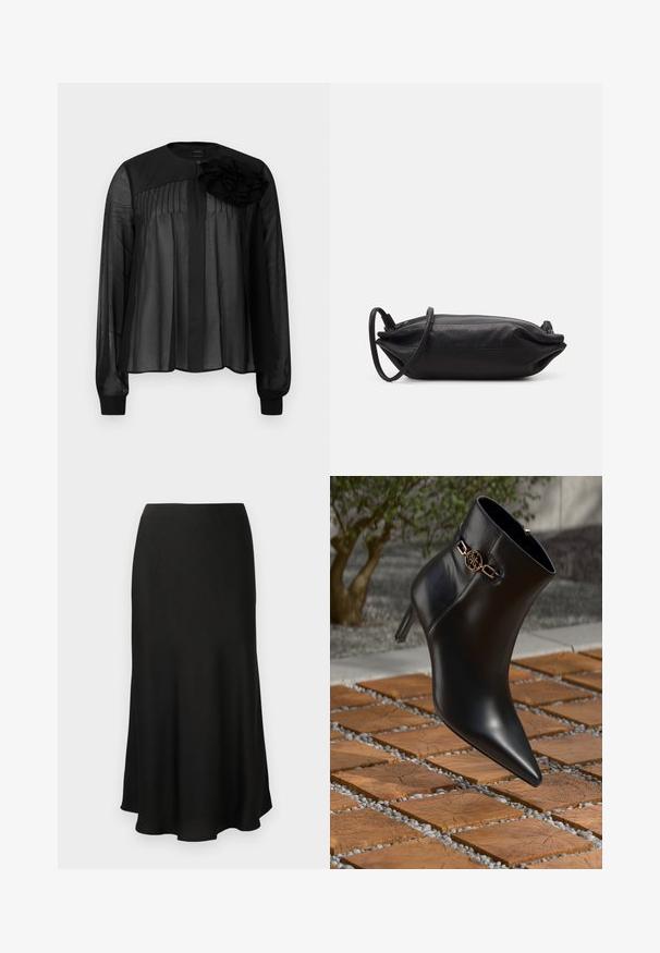 Sort bluse med lange gennemsigtige ærmer, med frontfolder og en lagdelt stofblomst på venstre skulder. Knaplukning ved halsen.; Sort, flydende midi-nederdel lavet af blødt stof. Har en glat talje og en let udvidet kant med en elegant silhuet.; Sort læder ankelstøvle med spids tå og lille hæl. Har en gylden kædeaccent om anklen. Omgivet af en tekstureret stensurface.; Sort læder clutch taske med rektangulær form, glat tekstur, tynd skulderrem og minimalistisk design.