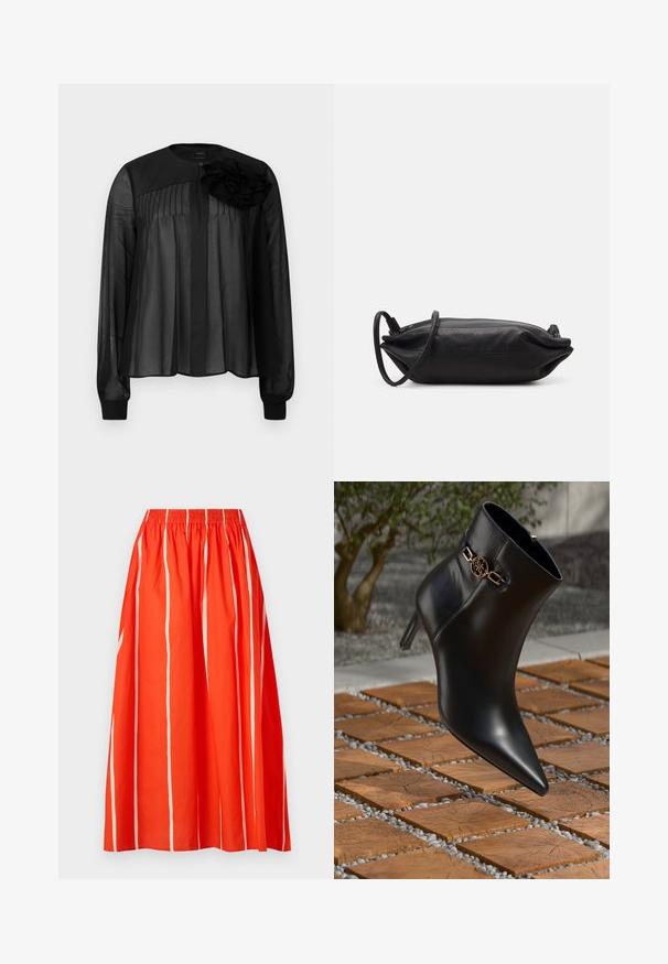Schwarze Bluse mit langen transparenten Ärmeln, die vordere Falten und ein mehrlagiges Stoffblütenakzent an der linken Schulter aufweist. Knopfverschluss am Hals.; Marimekko BUKLEE PUHVELI - A-Linien-Rock - red; Schwarze Leder-Ankle-Boots mit spitzem Zehen und kleinem Absatz. Mit einem goldenen Kettenakzent am Knöchel. Umgeben von einer strukturierten Steoberfläche.; Schwarze Leder-Clutch mit rechteckiger Form, glatter Textur, dünnem Schulterriemen und minimalistischer Gestaltung.
