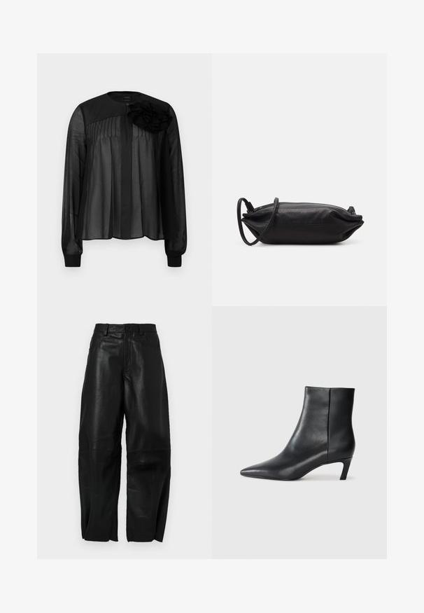 Melna blūze ar garām caurspīdīgām piedurknēm, ar priekšējiem krokām un slāņotu auduma zieda akcentu uz kreisā pleca. Pogas aizdare kakla rajonā.; Melnas ādas bikses ar brīvu piegriezumu, ar taisna kāju dizainu, priekšējiem kabatas un redzamām šuvju detaļām.; Melnas ādas potītes zābaki ar norādītu pirkstu un zemu kaķenītes papēdi uz vienkārša gaiša fona.; Melnas ādas plecu soma ar taisnstūra formu, gludu tekstūru, plānu plecu siksnu un minimālistisku dizainu.