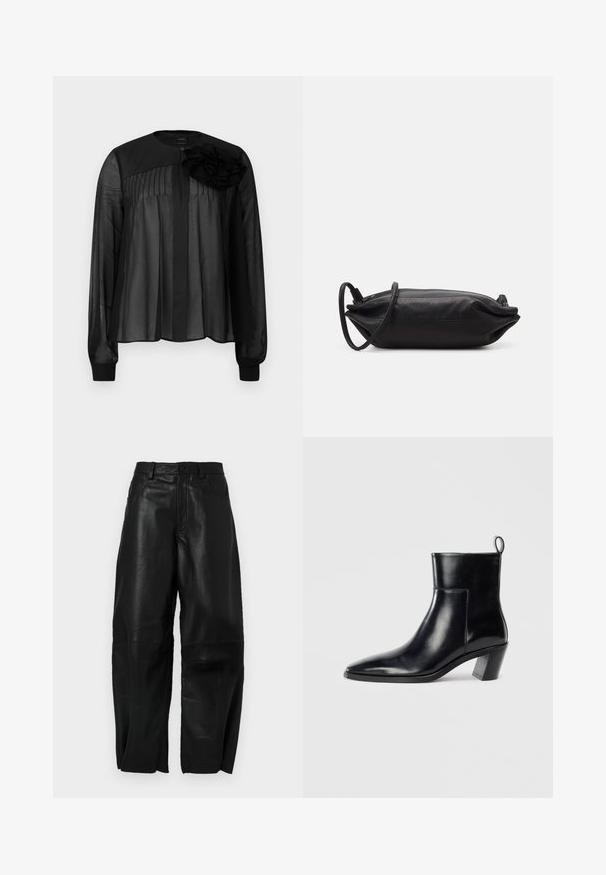 Fekete blúz hosszú áttetsző ujjakkal, elöl pliszírozással és egy réteges szövetvirág díszítéssel a bal vállon. Gombos zárás a nyaknál.; Fekete bőrnadrág laza szabással, egyenes lábbal, elülső zsebekkel és látható varrási részletekkel.; Fekete bőr bokacsizma hegyes orral, geometrikus, rétegelt sarokkal és hátsó húzófüllel. Sima textúra és kifinomult dizájn.; Fekete bőrtáska, téglalap alakú, sima textúrájú, vékony vállpánttal és minimalista dizájnnal.