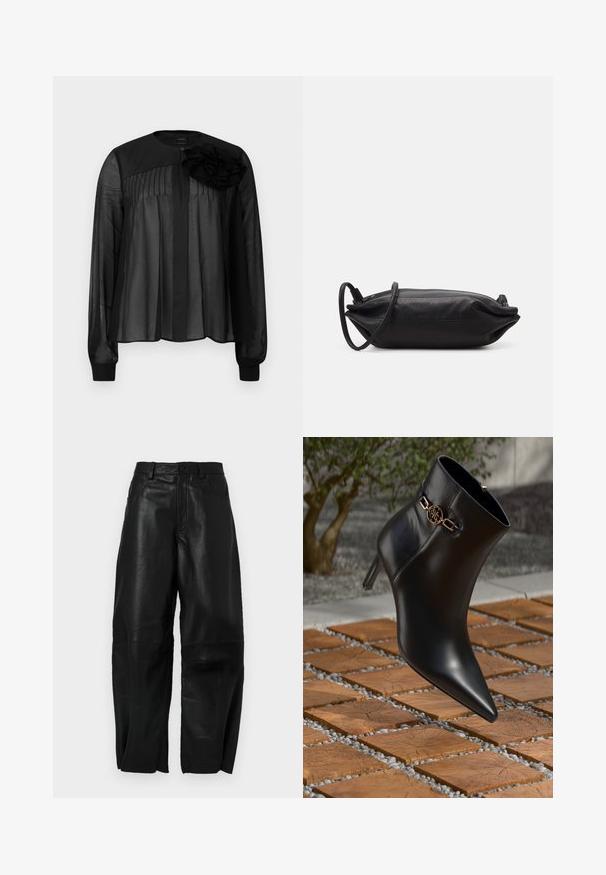 Blusa preta com mangas longas transparentes, apresentando pregas frontais e um detalhe de flor em tecido em camadas no ombro esquerdo. Fecho por botão no pescoço.; Calças de couro preto com um ajuste solto, apresentando um design de perna reta, bolsos frontais e detalhes de costura visíveis.; Bota de tornozelo em couro preto com bico fino e salto pequeno. Apresenta um detalhe em corrente dourada no tornozelo. Cercada por uma superfície de pedra texturizada.; Carteira de mão em couro preto com formato retangular, textura suave, alça de ombro fina e design minimalista.