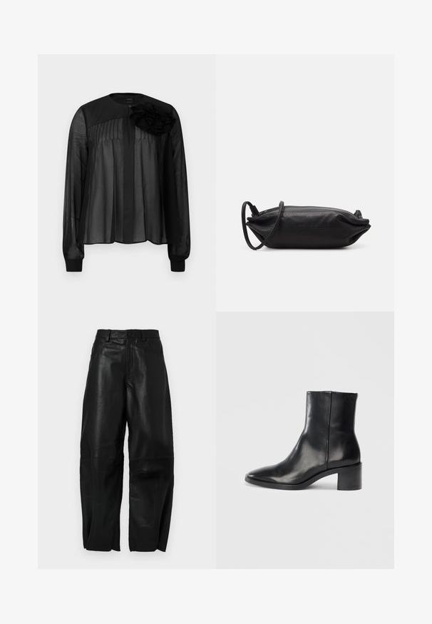 Fekete blúz hosszú áttetsző ujjakkal, elöl pliszírozással és egy réteges szövetvirág díszítéssel a bal vállon. Gombos zárás a nyaknál.; Fekete bőrnadrág laza szabással, egyenes lábbal, elülső zsebekkel és látható varrási részletekkel.; Fekete bőr bokacsizma hegyes orral, alacsony blokk sarkával és diszkrét, dombornyomott logójával. Simább textúra elegáns dizájnnal és minimalista varrással.; Fekete bőrtáska, téglalap alakú, sima textúrájú, vékony vállpánttal és minimalista dizájnnal.