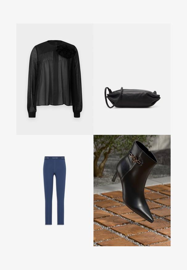 Musta pusero, jossa on pitkät läpinäkyvät hihat, etupuolella pleateja ja kerroksellinen kankainen kukka-akseltti vasemmalla olkapäällä. Napitus kaulassa.; Tummansiniset legginsit joustavasta materiaalista, jossa on sileä pinta ja elastinen vyötärö, jossa on painettuna Calvin Kleinin logo.; Mustat nahkaiset nilkkasaappaat, joissa on teräväkärkinen muoto ja pieni korko. Nilkassa on kullanvärinen ketjuyksityiskohta. Saappaat ovat tekstuurilla varustetun kivipinnan ympäröimiä.; Musta nahkainen kukkaro, jossa on suorakaiteen muoto, sileä pinta, ohut olkahihna ja minimalistinen muotoilu.