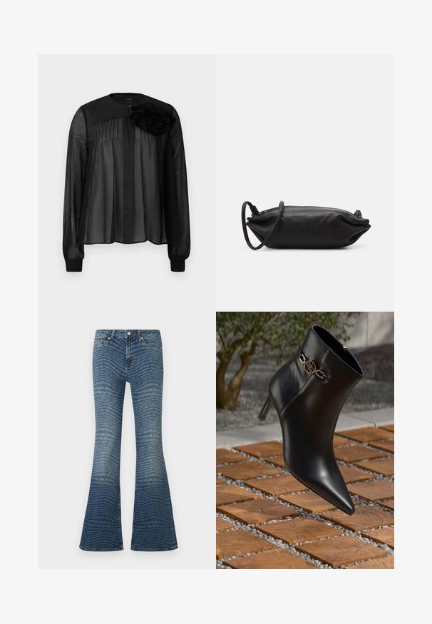 Melna blūze ar garām caurspīdīgām piedurknēm, ar priekšējiem krokām un slāņotu auduma zieda akcentu uz kreisā pleca. Pogas aizdare kakla rajonā.; Zili zvārku džinsi ar izplūdušām kājām, rotāti ar atkārtotu "JOOP! JEANS" logotipu visā audumā, klasiskās piecu kabatu stilā.; Melnas ādas potītes zābaki ar norādītu pirkstu un mazu papēdi. Ar zelta ķēdes akcentu uz potītes. Iespaidīgi izvietoti uz teksturētas akmens virsmas.; Melnas ādas plecu soma ar taisnstūra formu, gludu tekstūru, plānu plecu siksnu un minimālistisku dizainu.