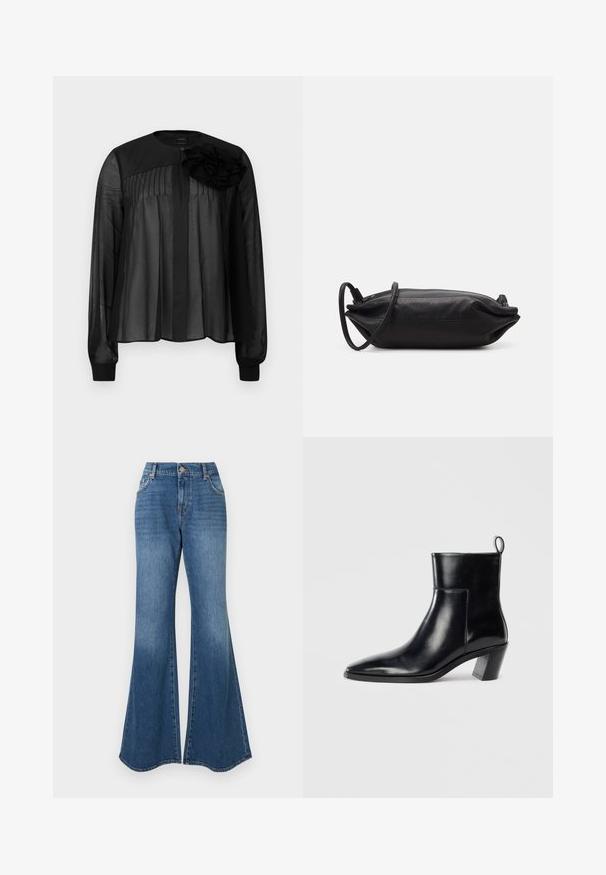 Blouse noire à manches longues en voile transparent, ornée de plis à l'avant et d'une fleur en tissu superposée sur l'épaule gauche. Fermeture à boutons au niveau du cou.; Jean évasé bleu en denim classique, taille haute, avec un dégradé subtil et une ouverture large à la cheville, sans ornements visibles.; Bottine en cuir noir avec un bout pointu, un talon empilé géométrique et une languette à l'arrière. Texture lisse et design épuré.; Pochette en cuir noir de forme rectangulaire, texture lisse, fine bandoulière et design minimaliste.