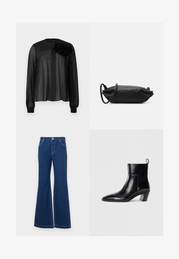 Fekete blúz hosszú áttetsző ujjakkal, elöl pliszírozással és egy réteges szövetvirág díszítéssel a bal vállon. Gombos zárás a nyaknál.; Sötétkék, bőrderekú farmernadrág. Jellemzői közé tartoznak a derékszíj hurkok, elülső zsebek és kontrasztos varrás. Széles lábnyílás.; Fekete bőr bokacsizma hegyes orral, geometrikus, rétegelt sarokkal és hátsó húzófüllel. Sima textúra és kifinomult dizájn.; Fekete bőrtáska, téglalap alakú, sima textúrájú, vékony vállpánttal és minimalista dizájnnal.