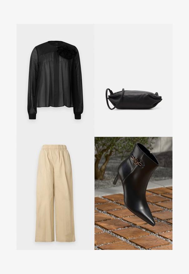 Čierna blúzka s dlhými priesvitnými rukávmi, s prednými prehybmi a vrstvenou látkovou kvetinovou ozdobou na ľavom ramene. Zapínanie na gombík pri krku.; Béžové široké nohavice s elastickým pásom, hladkým predným dielom a hladkou textúrou látky. Majú voľný strih pre väčšie pohodlie.; Čierna kožená členková obuv s špicatou špičkou a malým podpätkom. Má zlatý reťazový detail na členku. Okolo je textúrovaný kamenný povrch.; Čierna kožená kabelka s obdĺžnikovým tvarom, hladkým povrchom, tenkým popruhom na plece a minimalistickým dizajnom.