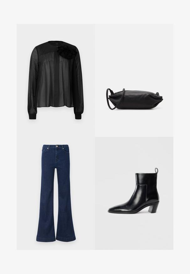 Blouse noire à manches longues en voile transparent, ornée de plis à l'avant et d'une fleur en tissu superposée sur l'épaule gauche. Fermeture à boutons au niveau du cou.; Jean flare bleu foncé en denim, doté d'une taille haute, d'un léger délavage et de finitions en doré sur les poches avant et le système de fermeture.; Bottine en cuir noir avec un bout pointu, un talon empilé géométrique et une languette à l'arrière. Texture lisse et design épuré.; Pochette en cuir noir de forme rectangulaire, texture lisse, fine bandoulière et design minimaliste.