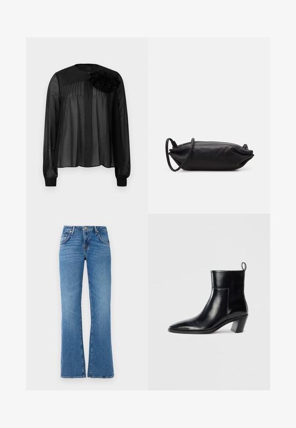 Musta pusero, jossa on pitkät läpinäkyvät hihat, etupuolella pleateja ja kerroksellinen kankainen kukka-akseltti vasemmalla olkapäällä. Napitus kaulassa.; Vaaleansiniset farkut, joissa on levenevät lahkeet, viisi taskua, nappi- ja vetoketjusuljenta sekä hillityt kulutukset.; Musta nahkainen nilkkuri, jossa on terävä kärki, geometrinen pinoettu korko ja vetotappi takana. Sileä pinta ja tyylikäs muotoilu.; Musta nahkainen kukkaro, jossa on suorakaiteen muoto, sileä pinta, ohut olkahihna ja minimalistinen muotoilu.