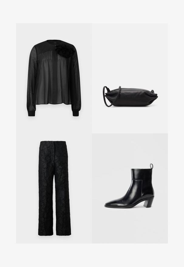 Blouse noire à manches longues en voile transparent, ornée de plis à l'avant et d'une fleur en tissu superposée sur l'épaule gauche. Fermeture à boutons au niveau du cou.; Pantalon noir avec un motif floral texturé, fabriqué dans un matériau doux, présentant une coupe ample à jambes larges et une taille haute.; Bottine en cuir noir avec un bout pointu, un talon empilé géométrique et une languette à l'arrière. Texture lisse et design épuré.; Pochette en cuir noir de forme rectangulaire, texture lisse, fine bandoulière et design minimaliste.