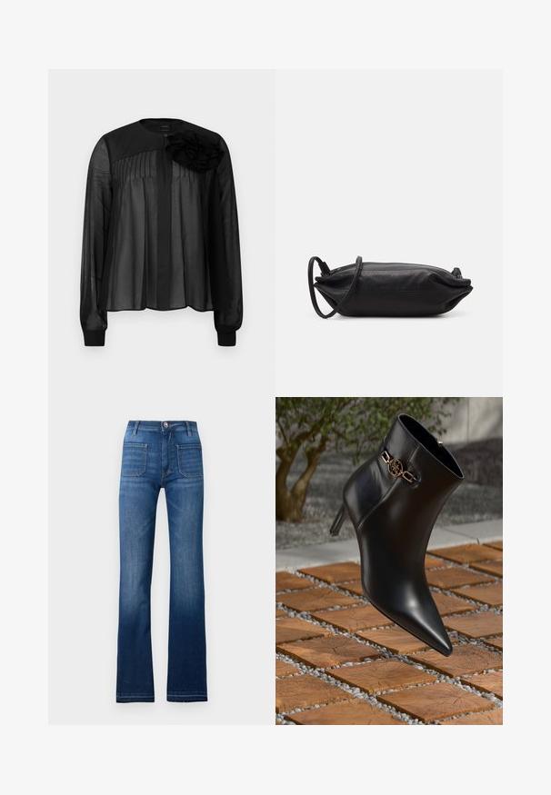 Svart blus med långa genomskinliga ärmar, med framplisséer och en lager-på-lager tygblomma som accent på vänster axel. Knappar vid halsen.; Blå denimflared jeans med fem fickor, knäppning i midjan och synlig söm längs sömmarna, med en något urtvättad finish.; Svart läderankelstövel med spetsig tå och liten klack. Har en guldkedjeaccent vid ankeln. Omgiven av en texturerad stenytan.; Svart läderkuvertväska med rektangulär form, slät yta, tunn axelrem och minimalistisk design.