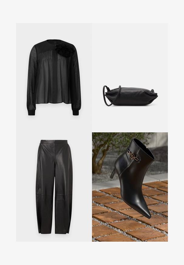 Bluză neagră cu mâneci lungi din material transparent, având pliseuri în față și un accent floral compus din straturi de țesătură pe umărul stâng. Închidere cu nasture la gât.; Pantaloni negri din piele cu croială lejeră, cu detalii cusute și talie largă. Textură netedă și design cu picior drept.; Botine negre din piele, cu vârf ascuțit și tocul mic. Prezintă un accent din lanț auriu la gleznă. Încadrate de o suprafață texturată din piatră.; Geantă de mână din piele neagră, cu o formă rectanguală, textură netedă, curea subțire pentru umăr și design minimalist.
