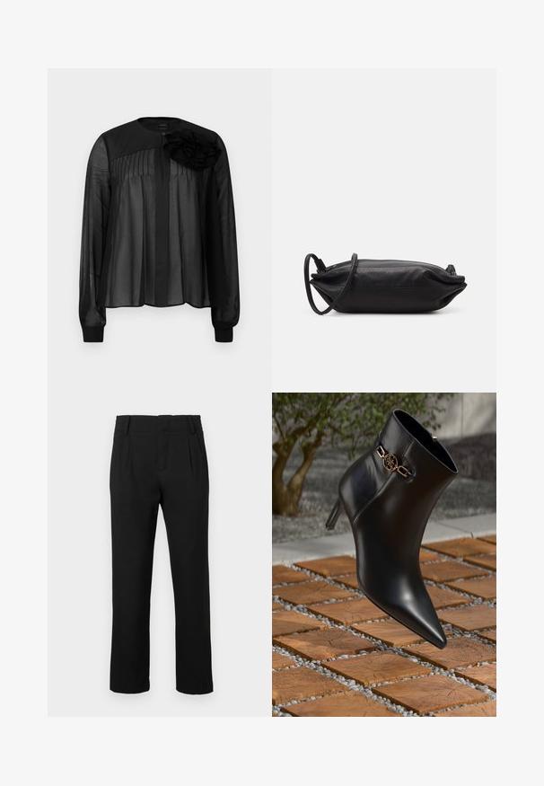 Zwarte blouse met lange doorschijnende mouwen, voorzien van voorplooien en een gelaagde stoffen bloemaccent op de linkerschouder. Knopenluiting bij de hals.; Zwarte rechte broek met riemlussen, zijzakken en voorplooien, weergegeven tegen een effen witte achtergrond.; Zwarte leren enkellaars met spitse neus en een kleine hak. Bevat een gouden kettingaccent bij de enkel. Omringd door een gestructureerd stenen oppervlak.; Zwarte leren clutch met een rechthoekige vorm, gladde textuur, dunne schouderband en minimalistisch ontwerp.