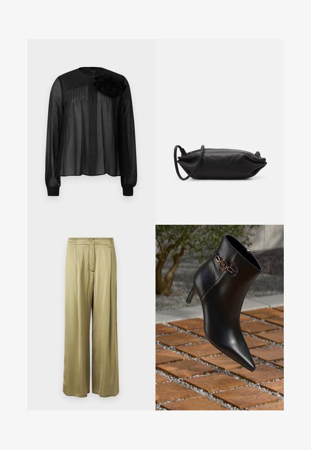 Sort bluse med lange gennemsigtige ærmer, med frontfolder og en lagdelt stofblomst på venstre skulder. Knaplukning ved halsen.; Olivenfarvede, brede bukser lavet af glat stof, med knaplukning foran og plisserede detaljer i taljen.; Sort læder ankelstøvle med spids tå og lille hæl. Har en gylden kædeaccent om anklen. Omgivet af en tekstureret stensurface.; Sort læder clutch taske med rektangulær form, glat tekstur, tynd skulderrem og minimalistisk design.