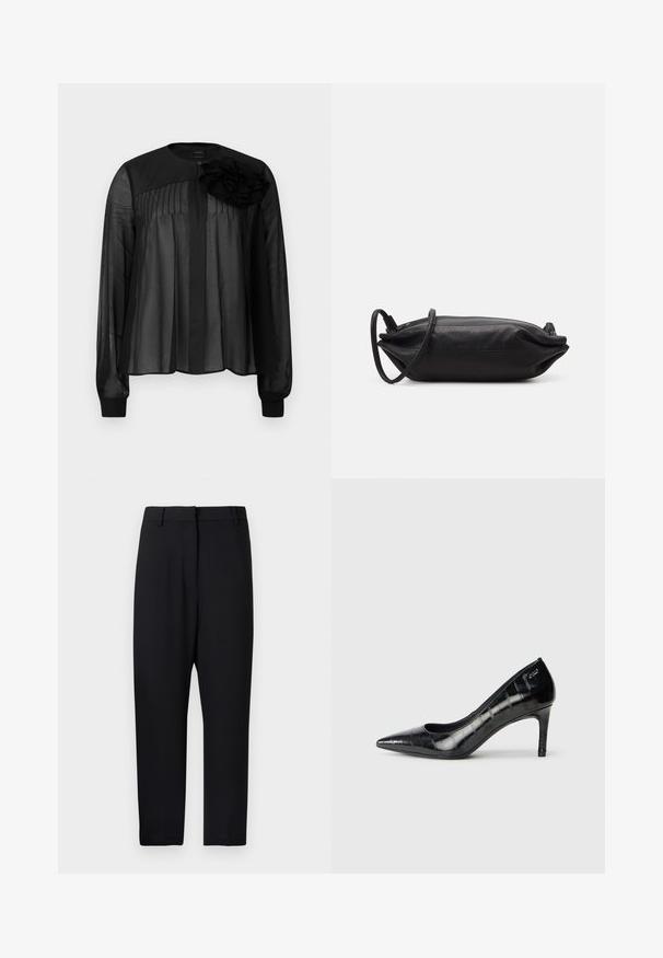 Črna bluzica z dolgimi prosojnimi rokavi, ki ima sprednje gube in plasten cvetni poudarek na levi rami. Zapenjanje na vratu z gumba.; Črne krojene hlače s pravim rezom, z zankami za pas in ravnim sprednjim delom. Gladek, mat material brez vidnih vzorcev.; Črne visoke pete s koničastim prstom, ki imajo sijoč zaključek in subtilen teksturiran vzorec. Imajo zmeren peti in odprt vratni dizajn.; Črna usnjena torbica v obliki pravokotnika, gladke teksture, s tankim naramnicom in minimalističnim dizajnom.