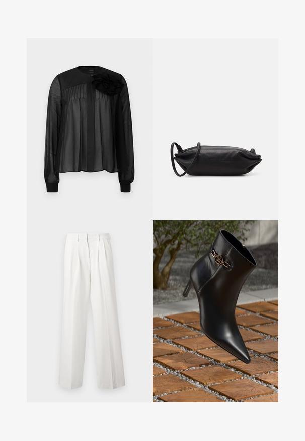 Blusa nera con maniche lunghe in tessuto trasparente, caratterizzata da pieghe frontali e un fiore in tessuto a strati come dettaglio sulla spalla sinistra. Chiusura con bottone al collo.; Pantaloni bianchi plissettati con un design a gamba larga. Realizzati in tessuto liscio, presentano una vita rifinita e orli dritti e puliti.; Stivale alla caviglia in pelle nera con punta affilata e tacco piccolo. Presenta un accento di catena dorata alla caviglia. Circondato da una superficie in pietra testurizzata.; Borsa a tracolla nera in pelle, di forma rettangolare, con una texture liscia, una sottile tracolla e un design minimalista.