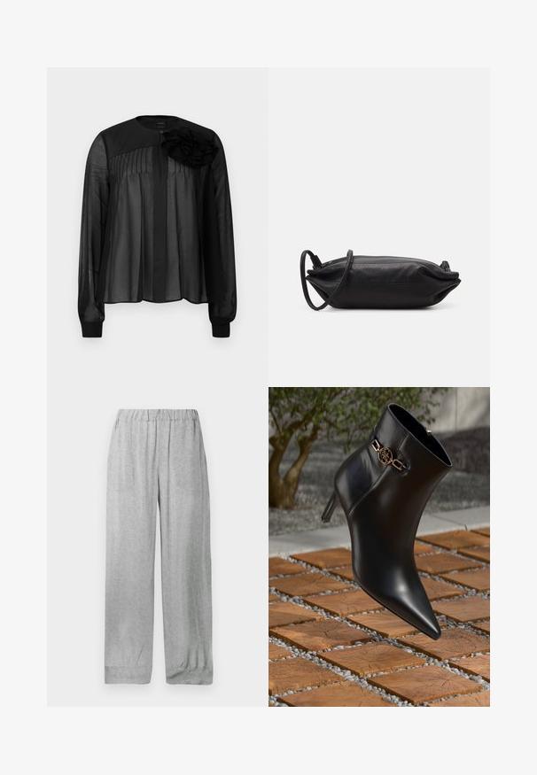 Bluză neagră cu mâneci lungi din material transparent, având pliseuri în față și un accent floral compus din straturi de țesătură pe umărul stâng. Închidere cu nasture la gât.; Pantaloni gri deschis cu talie elastică, cu un model floral alb subtil pe întreaga suprafață, croială dreaptă lejeră și tivuri cu mansete.; Botine negre din piele, cu vârf ascuțit și tocul mic. Prezintă un accent din lanț auriu la gleznă. Încadrate de o suprafață texturată din piatră.; Geantă de mână din piele neagră, cu o formă rectanguală, textură netedă, curea subțire pentru umăr și design minimalist.