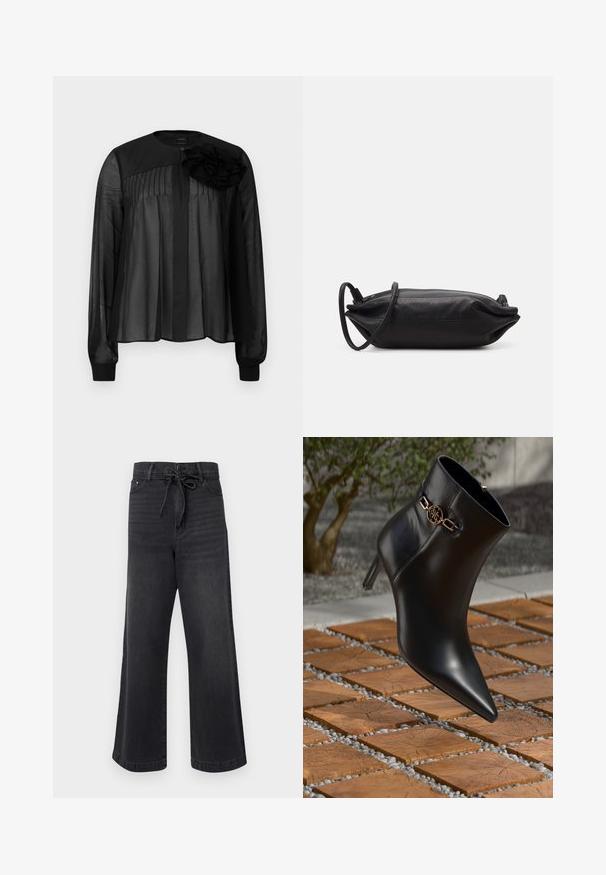 Sort bluse med lange gennemsigtige ærmer, med frontfolder og en lagdelt stofblomst på venstre skulder. Knaplukning ved halsen.; DAY Birger et Mikkelsen ELIJAH - Wide leg - black; Sort læder ankelstøvle med spids tå og lille hæl. Har en gylden kædeaccent om anklen. Omgivet af en tekstureret stensurface.; Sort læder clutch taske med rektangulær form, glat tekstur, tynd skulderrem og minimalistisk design.