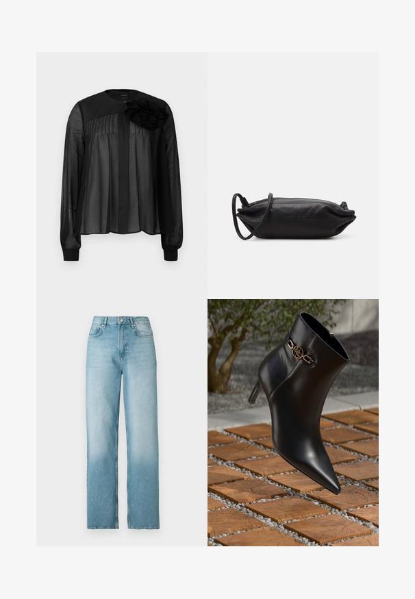 Blusa preta com mangas longas transparentes, apresentando pregas frontais e um detalhe de flor em tecido em camadas no ombro esquerdo. Fecho por botão no pescoço.; Jeans de ganga azul-claro com cintura alta e corte direito, com botão e fecho éclair à frente, bolsos frontais e traseiros, apresentados sobre um fundo branco.; Bota de tornozelo em couro preto com bico fino e salto pequeno. Apresenta um detalhe em corrente dourada no tornozelo. Cercada por uma superfície de pedra texturizada.; Carteira de mão em couro preto com formato retangular, textura suave, alça de ombro fina e design minimalista.