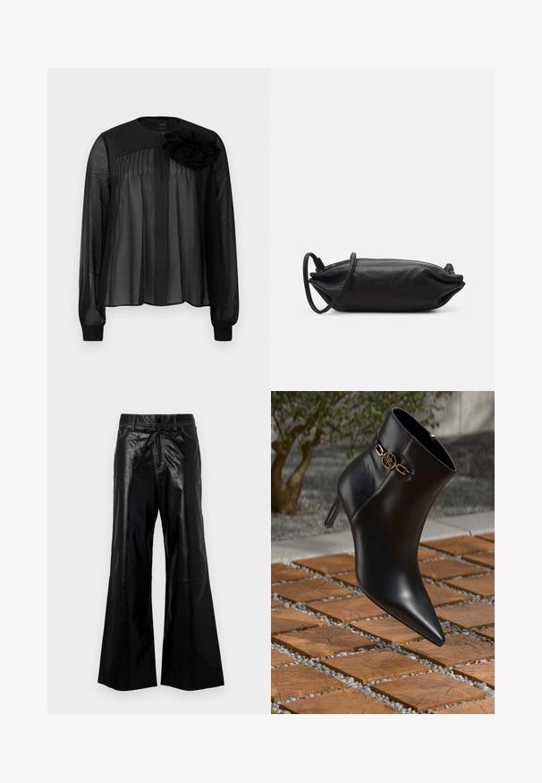Czarna bluzka z długimi przezroczystymi rękawami, z zakładkami z przodu i warstwowym akcentem w postaci kwiatu na lewym ramieniu. Zapięcie na guziki przy szyi.; Czarne spodnie typu wide-leg z ekoskóry, z paskiem ściaganym w talii, bocznymi kieszeniami i kontrastowymi detalami szycia. Miękka faktura i luźny krój.; Czarne skórzane botki za kostkę z ostrokończastym noskiem i niewielkim obcasem. Posiadają złoty łańcuszek na kostce. Otoczone strukturalną powierzchnią kamienia.; Czarna skórzana torebka kopertówka w prostokątnym kształcie, gładka w dotyku, z cienkim paskiem na ramię i minimalistycznym designem.