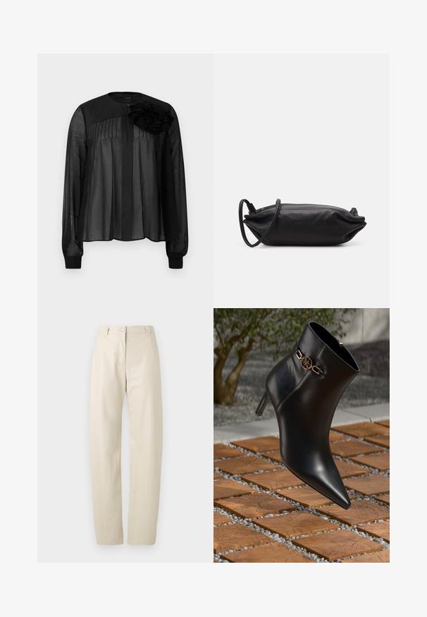 Zwarte blouse met lange doorschijnende mouwen, voorzien van voorplooien en een gelaagde stoffen bloemaccent op de linkerschouder. Knopenluiting bij de hals.; Beige rechte broek met knoop- en ritsluiting, lussen voor een riem en zijzakken op een effen witte achtergrond.; Zwarte leren enkellaars met spitse neus en een kleine hak. Bevat een gouden kettingaccent bij de enkel. Omringd door een gestructureerd stenen oppervlak.; Zwarte leren clutch met een rechthoekige vorm, gladde textuur, dunne schouderband en minimalistisch ontwerp.