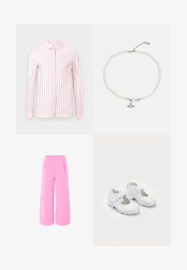 Vaaleanpunainen paita, jossa on pystysuorat tummanpunaiset raidat, pitkät hihat, napitettava etuosa ja klassinen kaulus. Sujuva kangas ja istuvuusmuoto.; Vaaleanpunaiset leveälahkeiset housut, joissa on sileä kangas, korkea vyötärö ja kaksi etupleatsia. Läpivienti on viimeistelty leveällä käänteellä.; Valkoiset urheilukengät, joissa on teksturoitu päällinen, säädettävä tarranauha, pyöreä kärki ja paksu pohja, jossa on selkeä uramalli.; Helmi kaulakoru, jossa on kiiltävät valkoiset helmet. Korun koristeena on hopeanvärinen turvaneula, jossa on kirkkaat rhinestone-koristeet. Suljenta on läppätulppasuljin.