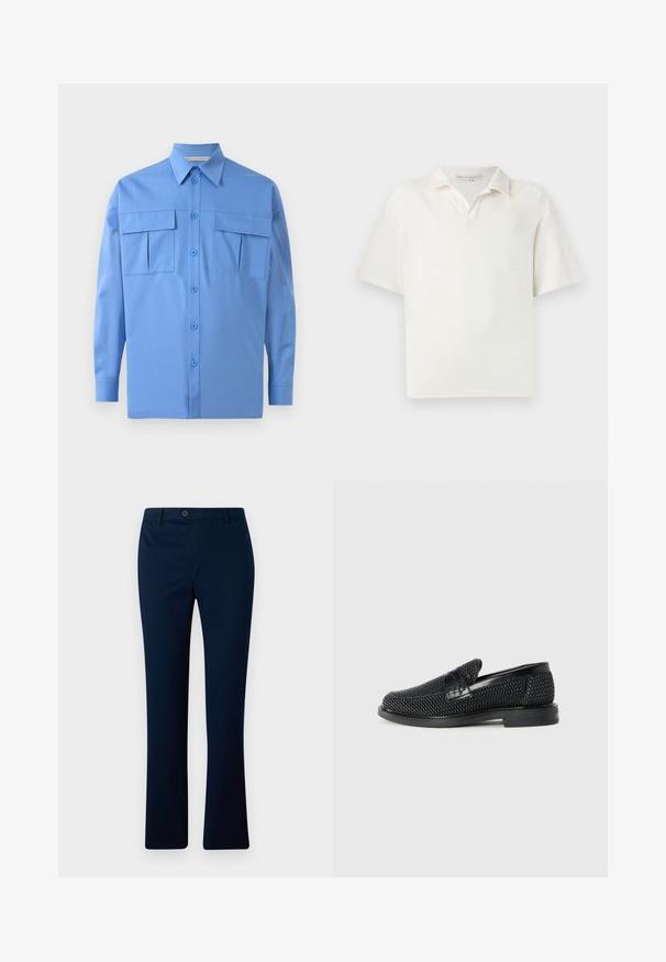 Lyseblå skjorte med lange ærmer, spidse kraver, knaplukning foran og to store klaplommer på brystet, præsenteret mod en hvid baggrund.; Kortærmet polo t-shirt i hvid, lavet af struktureret stof. Har en klassisk krave og en diskret knapliste med to knapper.; Marineblå bukser med lige pasform, med en enkelt knaplukning foran og bæltestropper, lavet af et glat vævet stof.; Sort vævet slip-on sko med en glat læderdetalje på overdelen, en rund tådesign og en lavprofil gummisål.