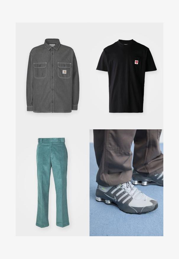 Casaco-de-camisa cinza escuro feito de ganga, com dois bolsos ao peito, fecho de botões e costura branca contrastante. Logótipo Carhartt no bolso.; T-shirt de algodão preto com decote redondo, mangas curtas e um bolso no lado esquerdo do peito com um patch em forma de coração vermelho com texto branco.; Calças de veludo cotelê em teal com um design de perna reta, apresentando uma textura suave, passantes para cinto e bolsos laterais. Sem padrões ou ferragens visíveis.; Ténis Nike Shox cinza e prata apresentam um design elegante, com materiais em malha e sintéticos, ponta arredondada e colarinho acolchoado.
