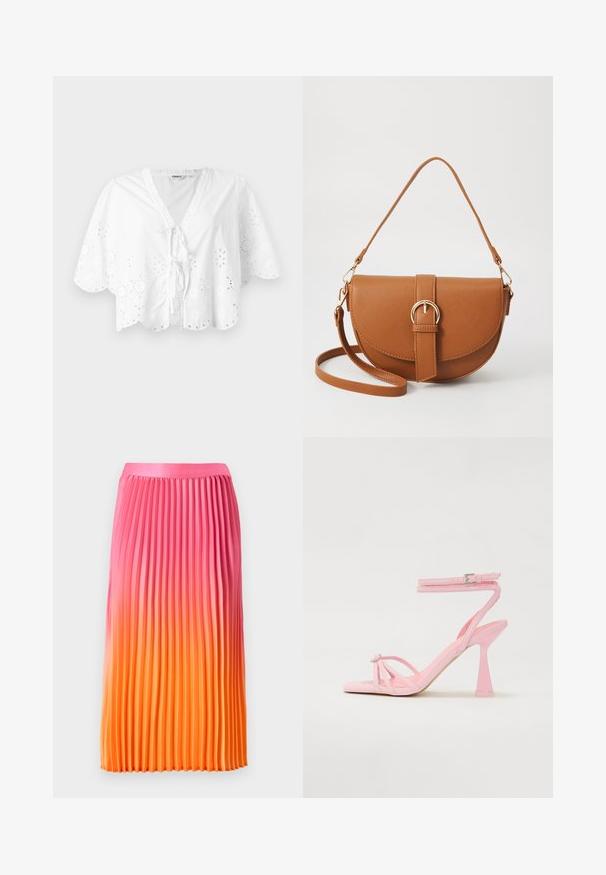 Hvit bluse med V-hals, korte ermer og bølget kant. Blonder broderi langs kantene, med knyte-lukking foran.; Plisséskjørt med en gradient fra rosa til oransje, med en glatt midje og flytende design, laget av lett stoff.; Rosa hælkiler med snoredesign og ankelspænde. Har et dekorativt element ved tærne og et moderne, afsmalnet hældesign.; Brun lærcrossbody-veske med en buet form, gullhardware og et spenneakcent. Har en avtakbar skulderreim.