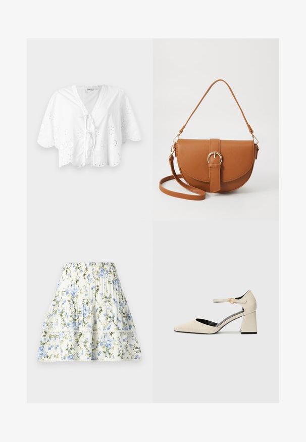 Blusa blanca con escote en V, mangas cortas y dobladillo con forma de ola. Detalle de bordado de ojal alrededor de los bordes, con un cierre de lazo en la parte delantera.; Falda floral en blanco con flores azules y verdes, cintura elástica, diseño en capas y borde de encaje en el dobladillo. Tejido ligero.; Zapatos de tacón cuadrado de imitación cuero en beige, con puntera puntiaguda, tira en el tobillo y sutil detalle de textura de cocodrilo. Forro interior negro.; Bolso bandolera de cuero marrón con forma curvada, herrajes dorados y un acento de hebilla. Incluye una correa de hombro desmontable.