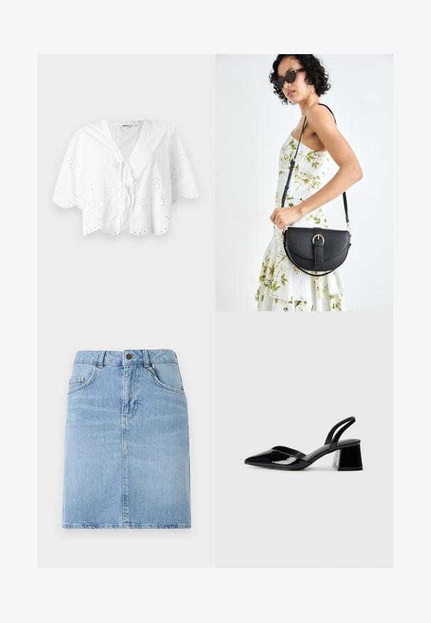 Blouse blanche avec un décolleté en V, des manches courtes et un ourlet festonné. Détail de broderie œillet autour des bords, avec une fermeture à nouer à l'avant.; Jupe en denim bleu clair à coupe droite, dotée de poches avant et d'une fermeture à boutons. Fini texturé avec un léger délavage.; Escarpins en cuir verni noir avec bout pointu et talon bloc géométrique. Présente un design élégant et minimaliste ainsi qu'une texture lisse.; Sac à main en cuir noir avec une forme courbée, bandoulière amovible et des accessoires en or. Le sac est doté d'un rabat avec un détail de boucle.