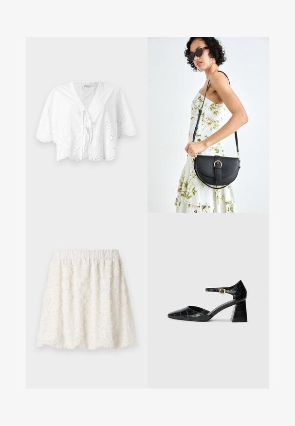 Bijela bluza s V izrezom, kratkim rukavima i valovitim rubom. Detalji vezene oči oko rubova, s vezivanjem sprijeda.; Bijela teksturirana suknja s elastičnom waistbandom, koja ima uzdignute cvjetne uzorke i mekani, lagani materijal.; Crna lakirana visoka potpetica s izoštrenim prstom, remenom oko gležnja i teksturiranom krokodilskom šablonom. Dizajn kvadratne blok potpetice.; Crna kožna torba s lukovitim oblikom, odvojivim remenom i zlatnim detaljima. Torba ima preklop s kopčom.